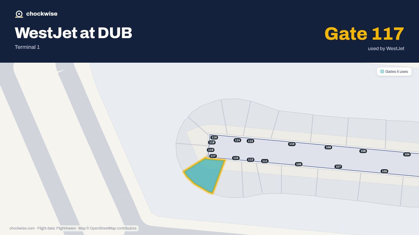 Map of DUB with the gates WestJet uses highlighted: 117.