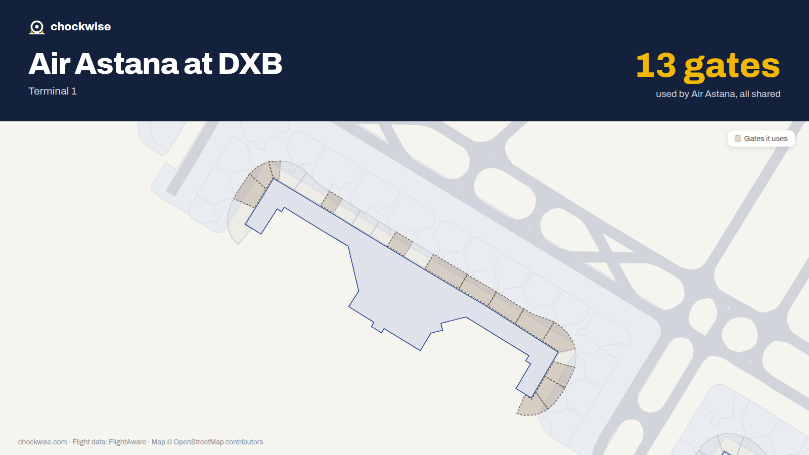 Map of DXB with the gates Air Astana uses highlighted: D2, D3, D4, D7, D11, D13, D14, D15 and 5 more.