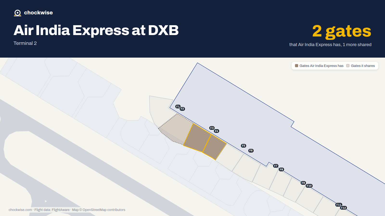 Map of DXB with the gates Air India Express uses highlighted: F3 and F4.