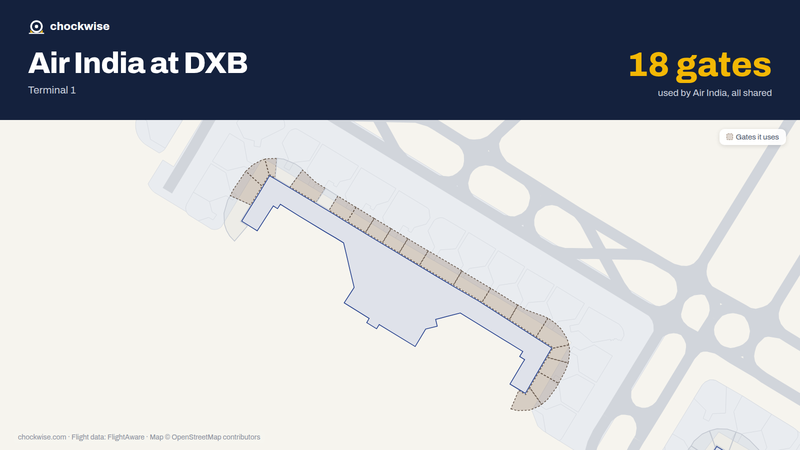 Map of DXB with the gates Air India uses highlighted: D2, D3, D4, D6, D8, D9, D10, D11 and 10 more.