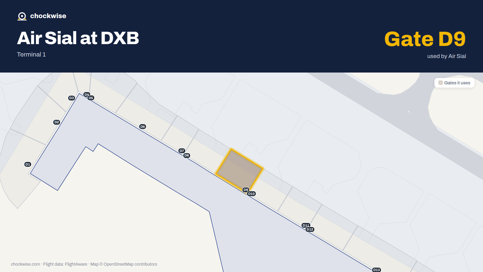 Map of DXB with the gates Air Sial uses highlighted: D9.