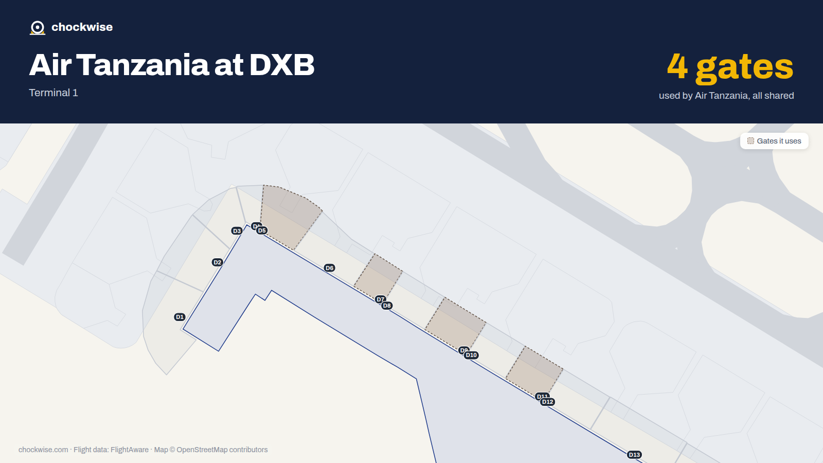 Map of DXB with the gates Air Tanzania uses highlighted: D5, D7, D9 and D11.