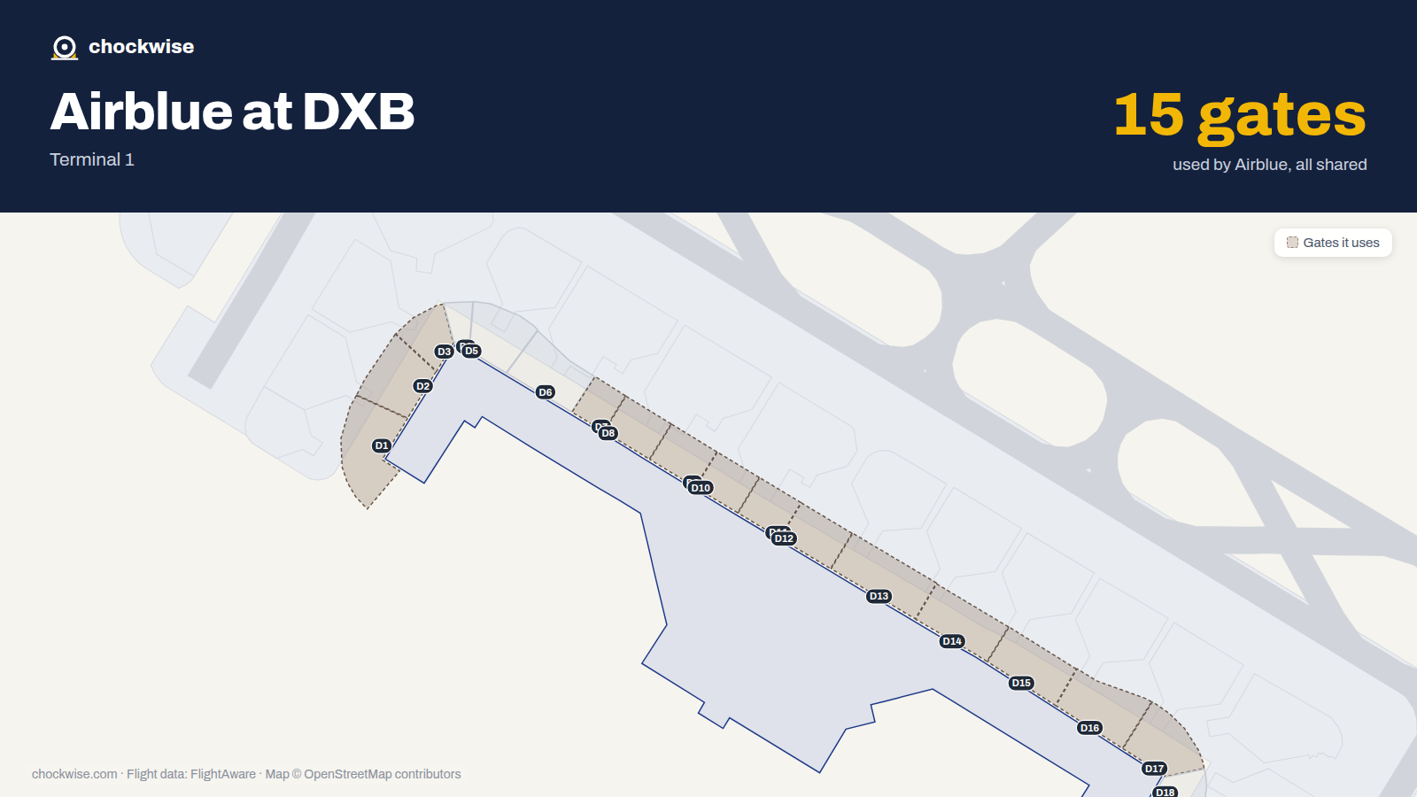 Map of DXB with the gates Airblue uses highlighted: D1, D2, D3, D7, D8, D9, D10, D11 and 7 more.