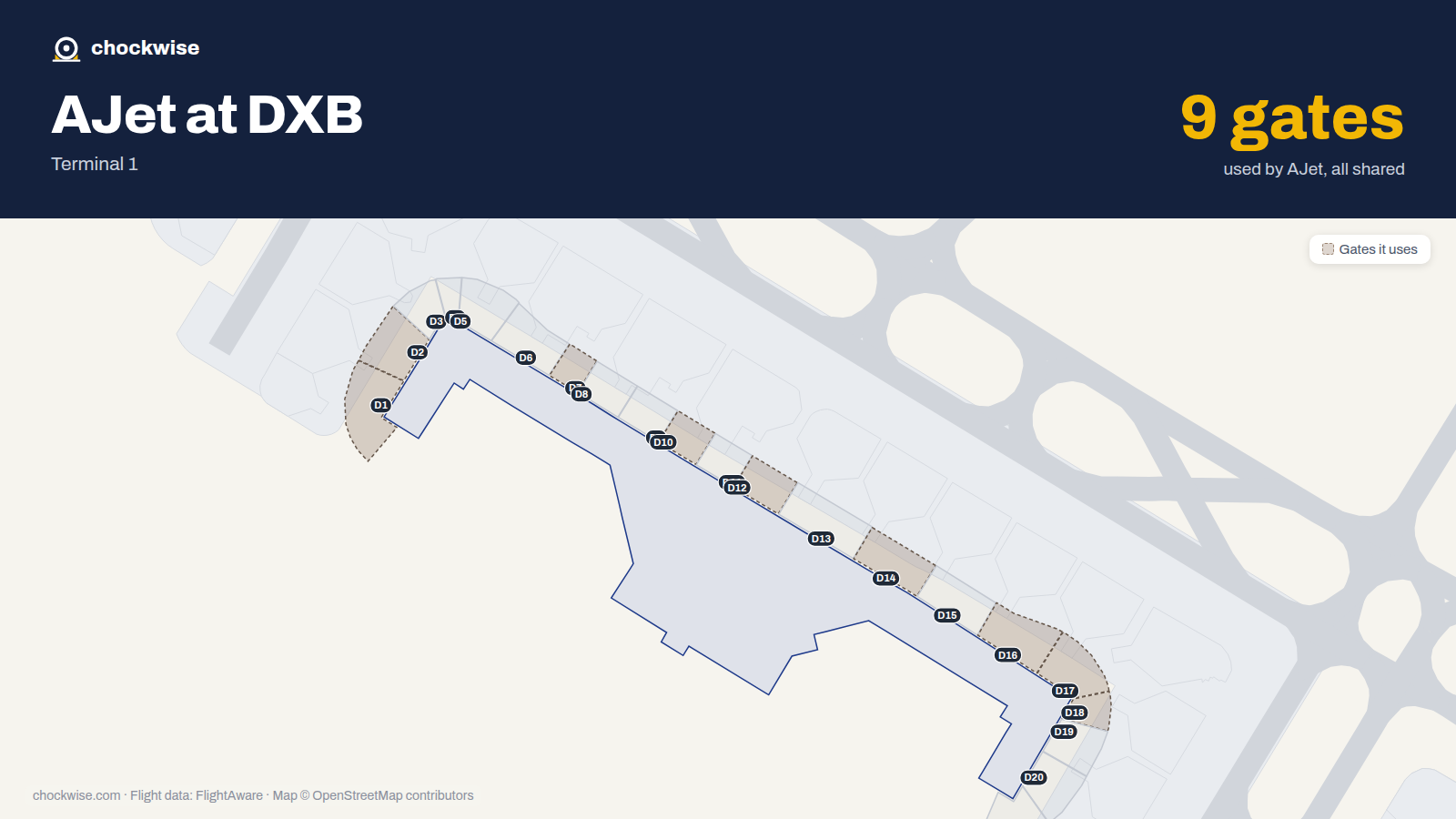 Map of DXB with the gates AJet uses highlighted: D1, D2, D7, D10, D12, D14, D16, D17 and 1 more.