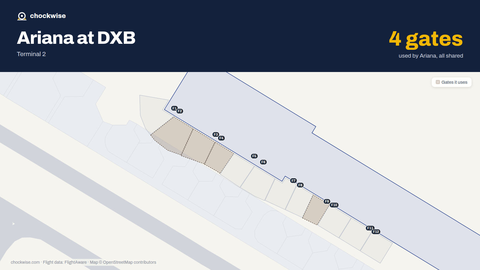 Map of DXB with the gates Ariana Afghan Airlines uses highlighted: F2, F3, F4 and F9.