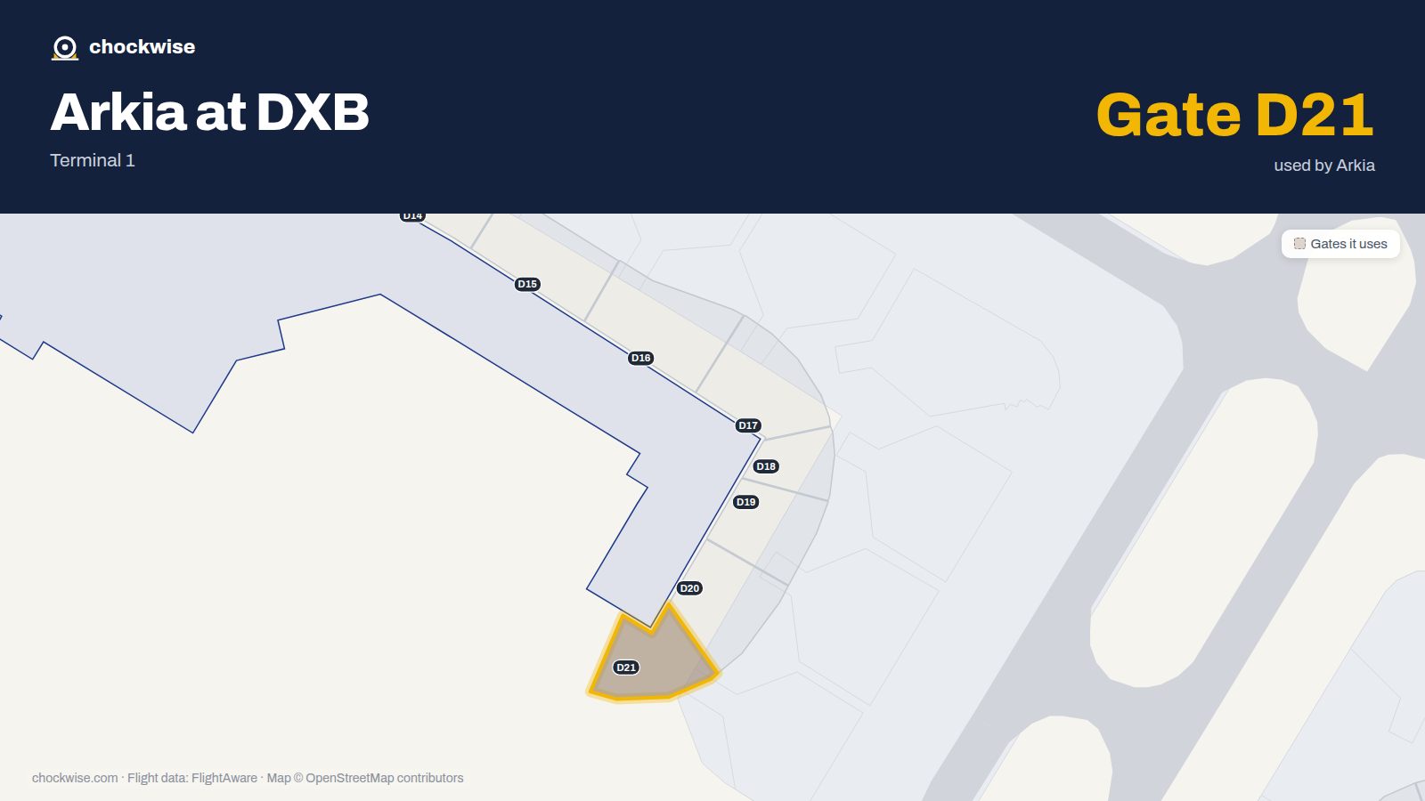 Map of DXB with the gates Arkia Israeli Airlines uses highlighted: D21.