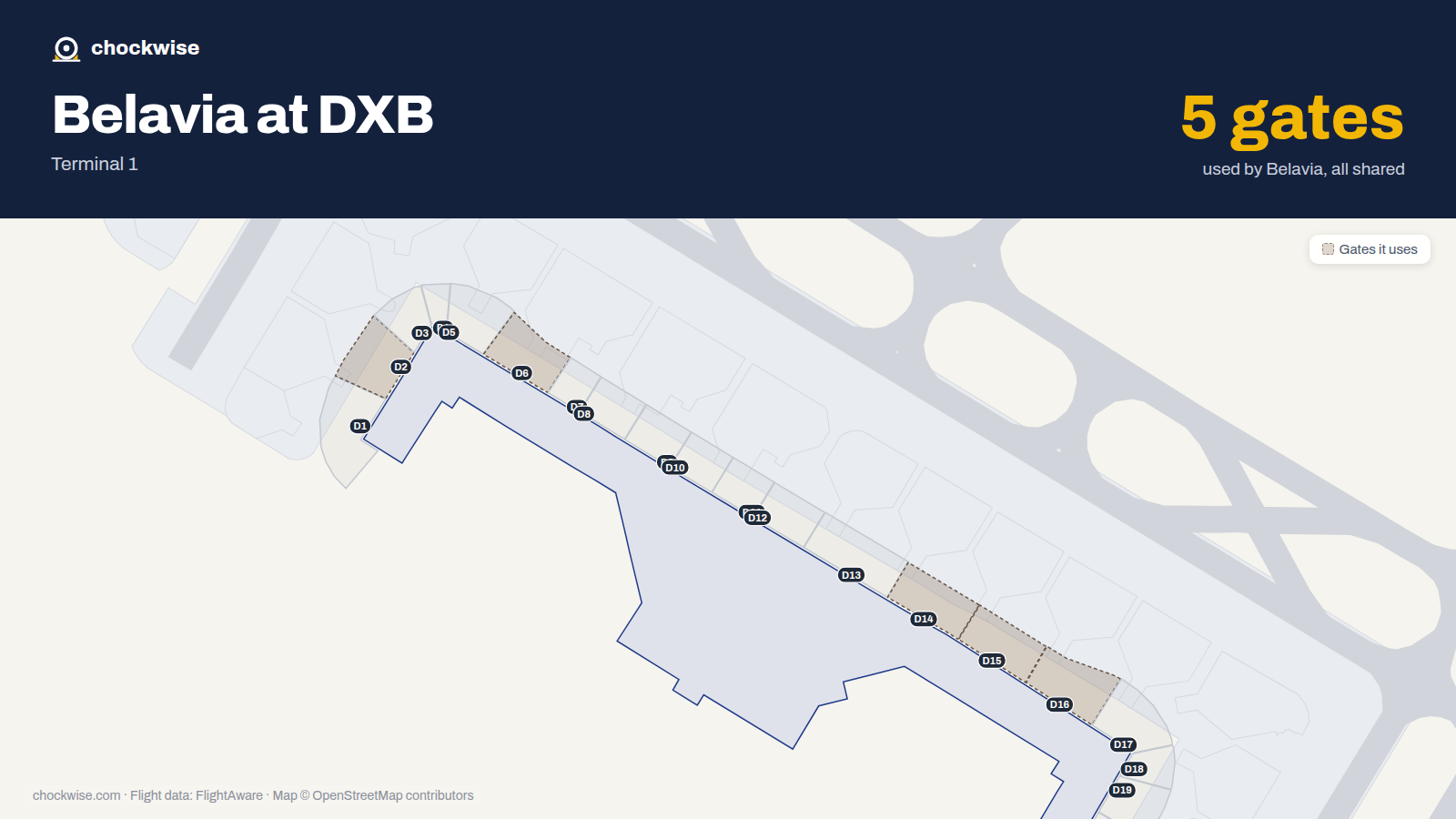 Map of DXB with the gates Belavia uses highlighted: D2, D6, D14, D15 and D16.