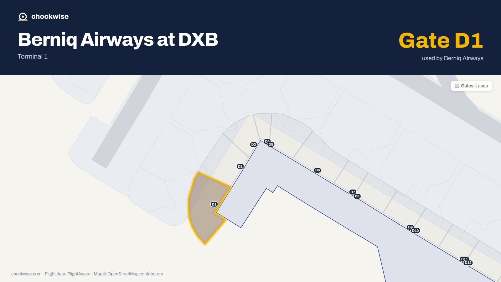 Map of DXB with the gates Berniq Airways uses highlighted: D1.