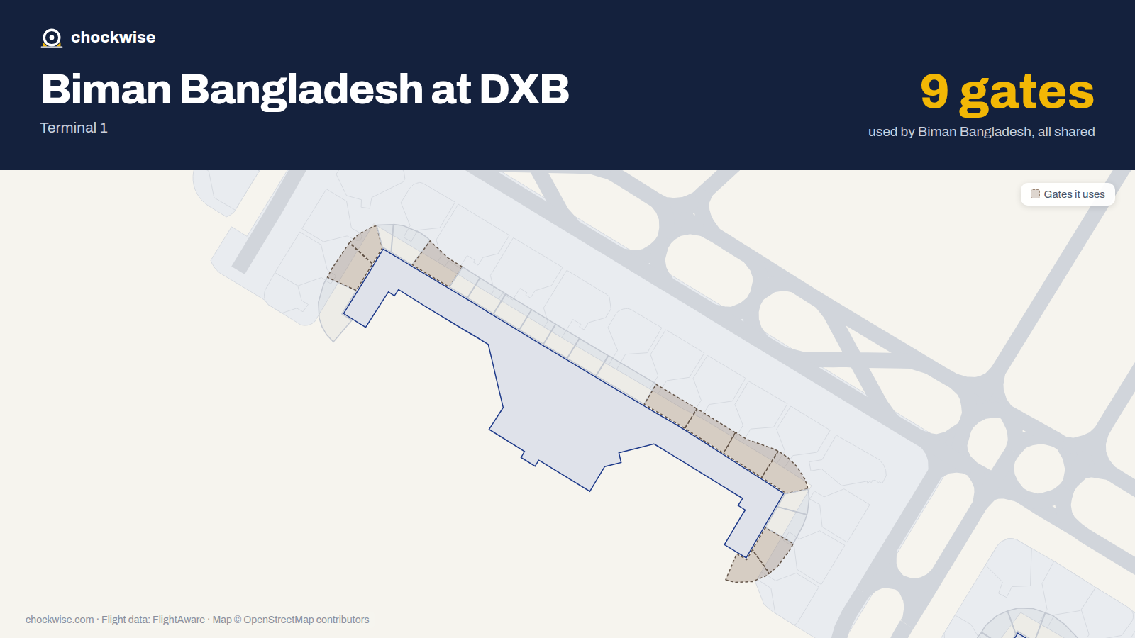Map of DXB with the gates Biman Bangladesh Airlines uses highlighted: D2, D3, D6, D14, D15, D16, D17, D20 and 1 more.