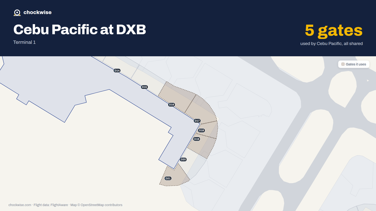 Map of DXB with the gates Cebu Pacific uses highlighted: D16, D17, D18, D19 and D21.
