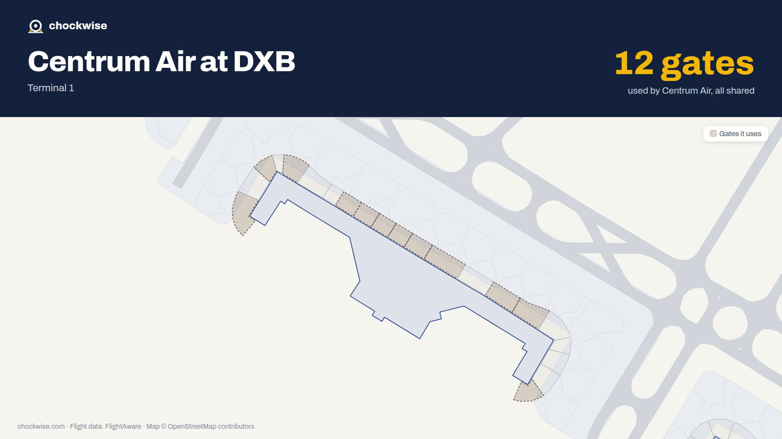 Map of DXB with the gates Centrum Air uses highlighted: D1, D3, D5, D8, D9, D10, D11, D12 and 4 more.
