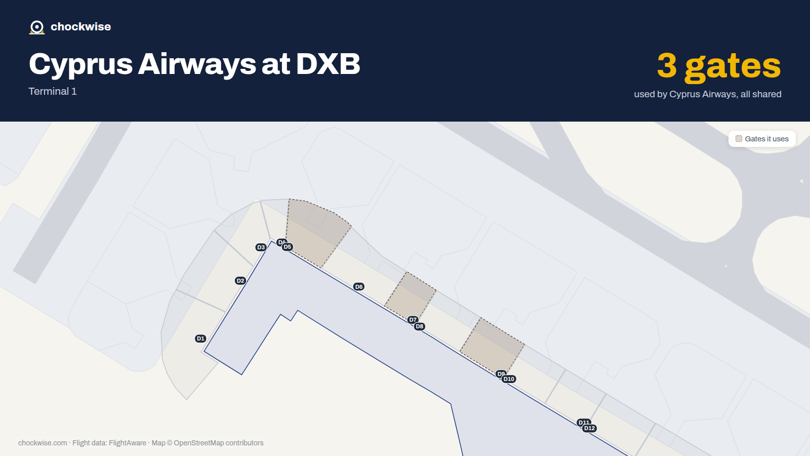 Map of DXB with the gates Cyprus Airways uses highlighted: D5, D7 and D9.