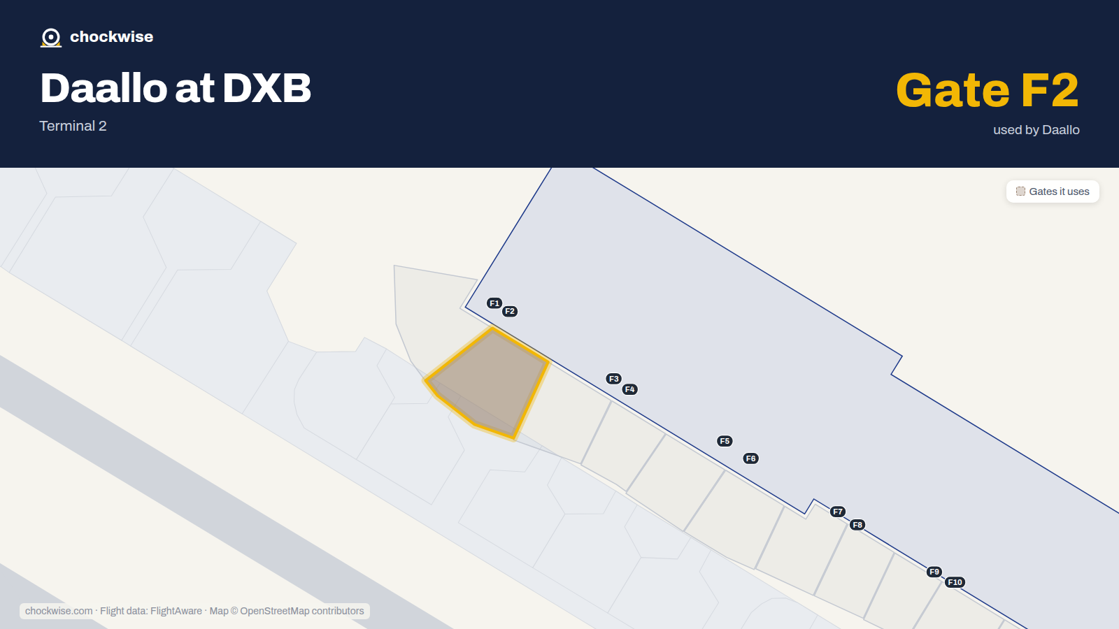 Map of DXB with the gates Daallo Airlines uses highlighted: F2.