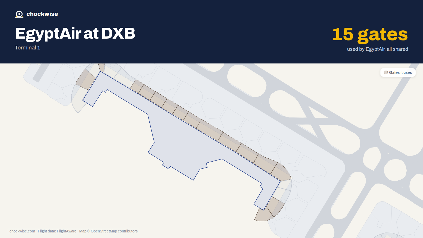 Map of DXB with the gates EgyptAir uses highlighted: D2, D4, D7, D8, D9, D10, D11, D12 and 7 more.