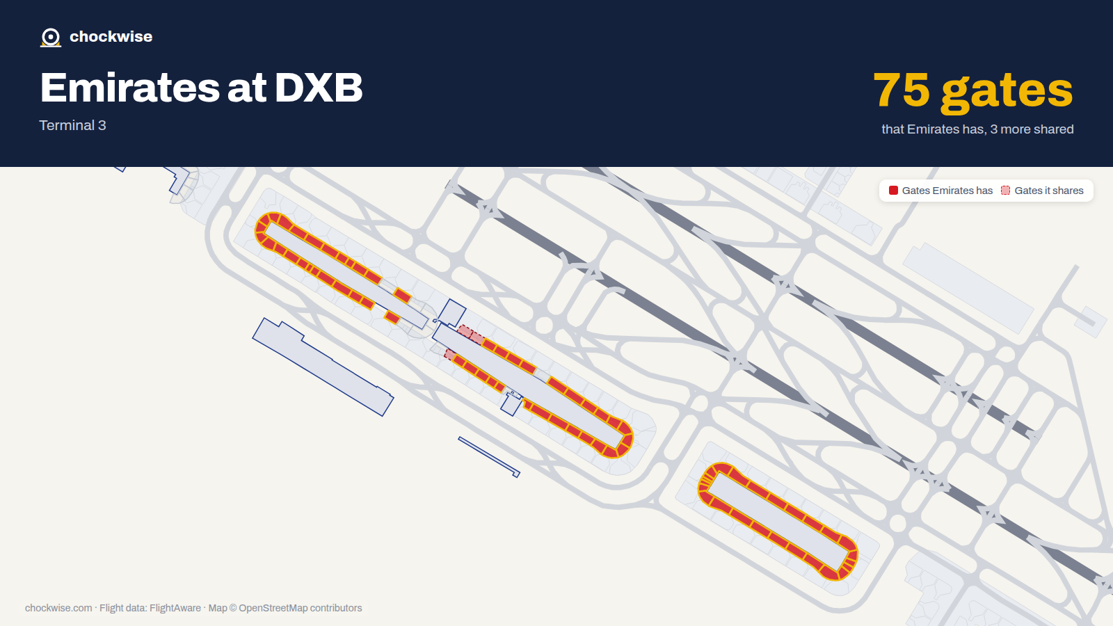 Map of DXB with the gates Emirates uses highlighted: A1, C1, A2, C2, A3, C3, A4, C4 and 65 more.