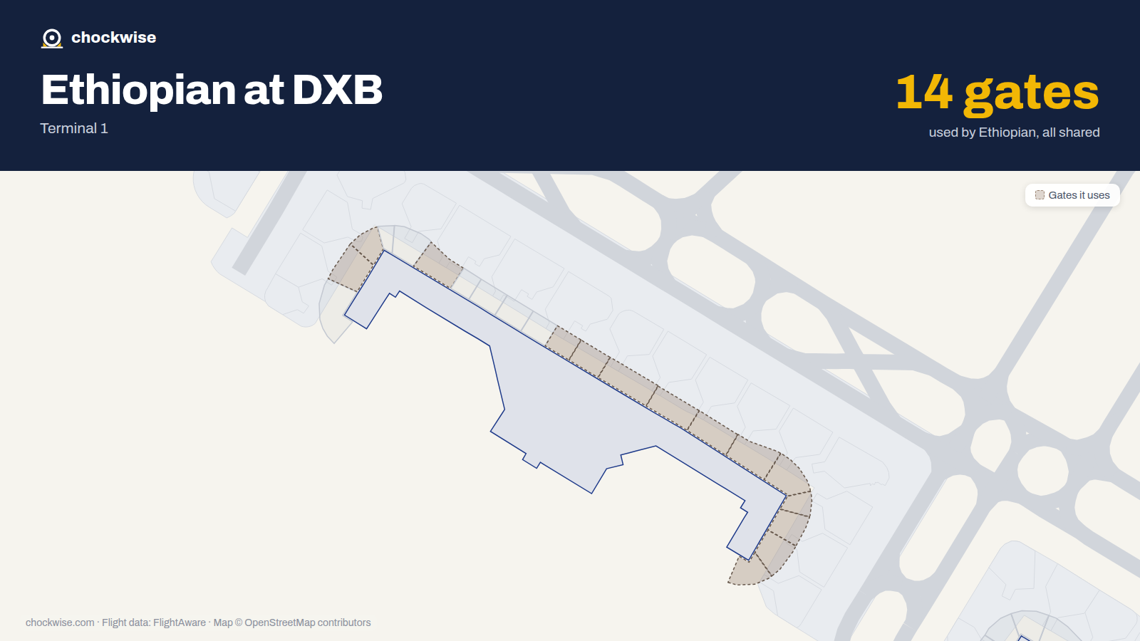 Map of DXB with the gates Ethiopian Airlines uses highlighted: D2, D3, D6, D11, D12, D13, D14, D15 and 6 more.
