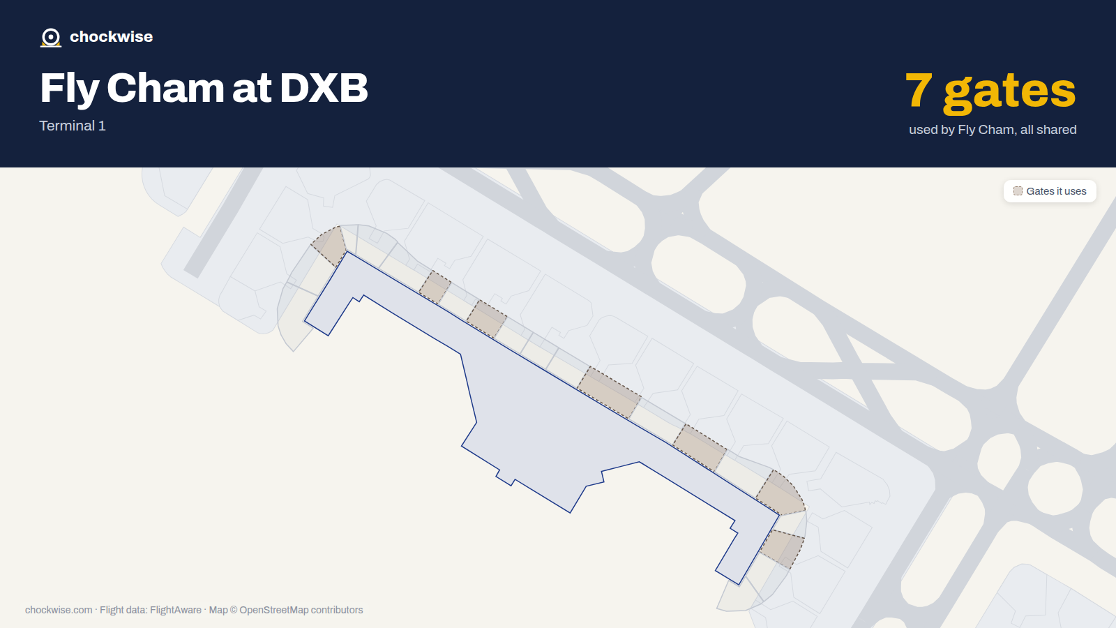 Map of DXB with the gates Fly Cham uses highlighted: D3, D7, D9, D13, D15, D17 and D19.