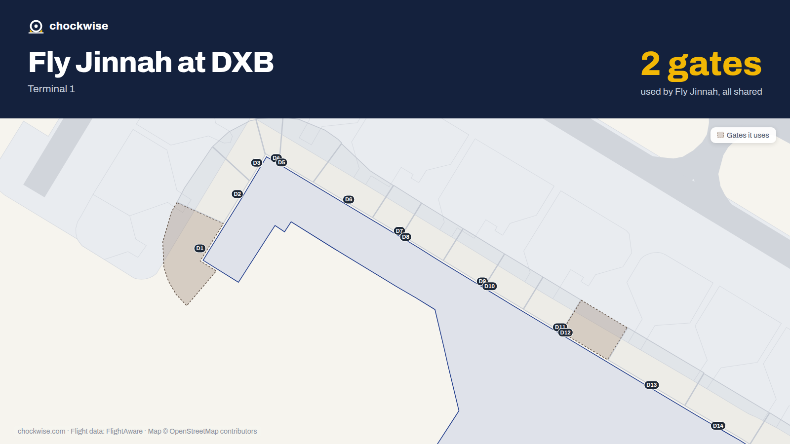 Map of DXB with the gates Fly Jinnah uses highlighted: D1 and D12.