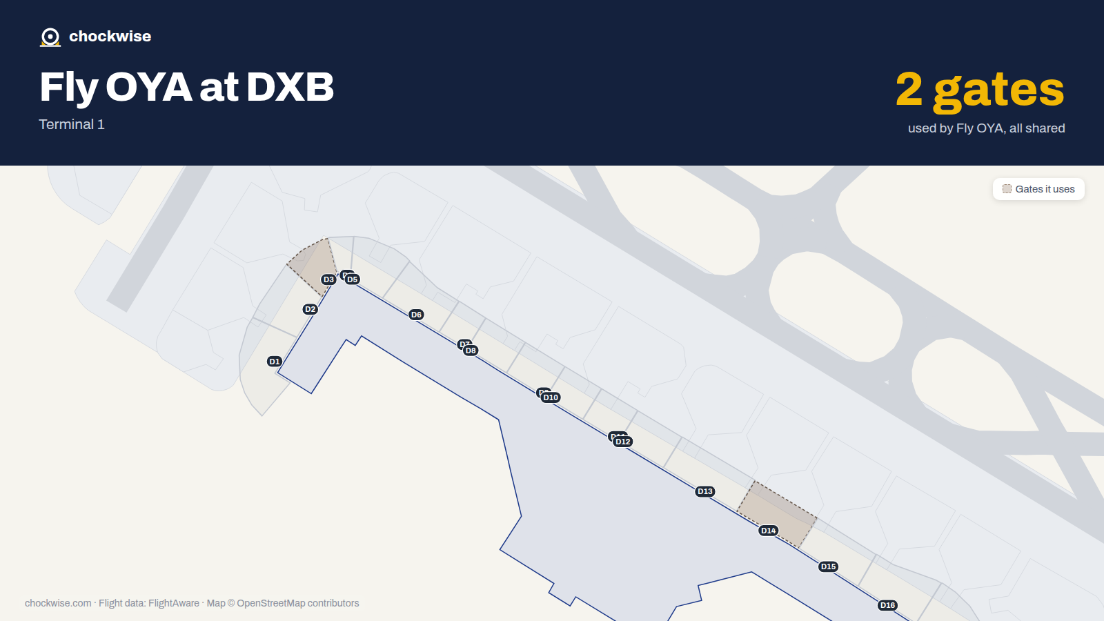 Map of DXB with the gates Fly OYA uses highlighted: D3 and D14.
