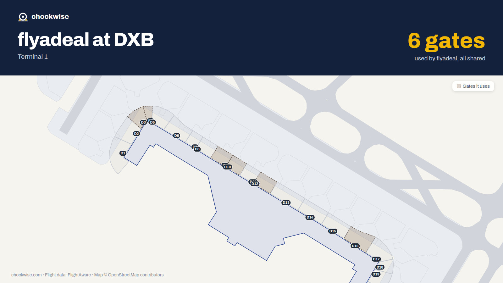 Map of DXB with the gates flyadeal uses highlighted: D3, D4, D9, D10, D12 and D16.