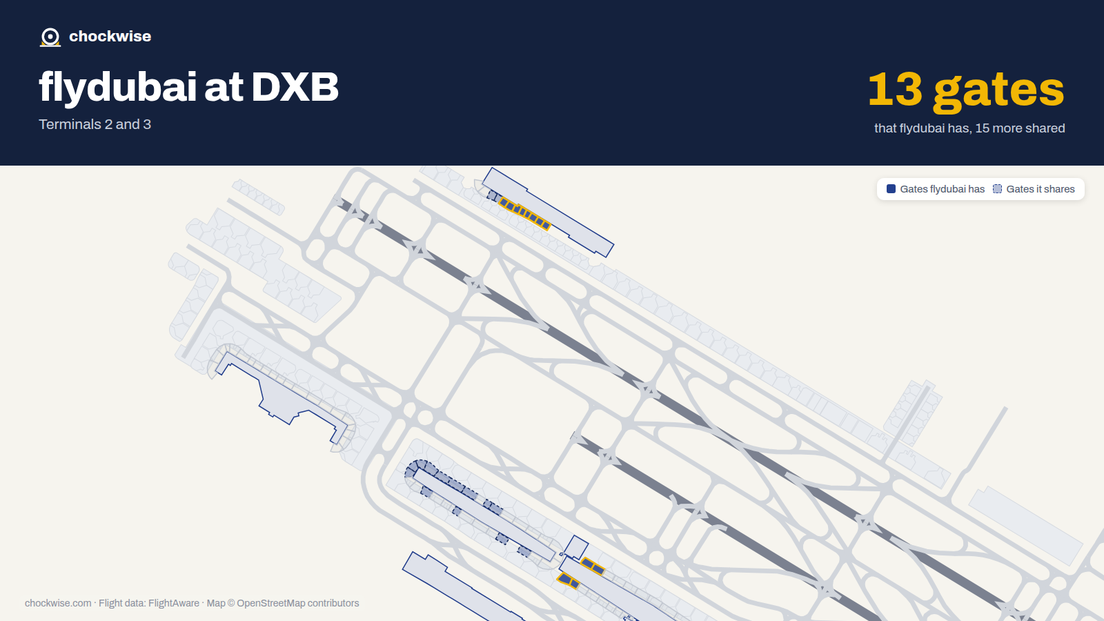 Map of DXB with the gates flydubai uses highlighted: B1, B2, B3, B4, F5, F6, F7, F8 and 4 more.