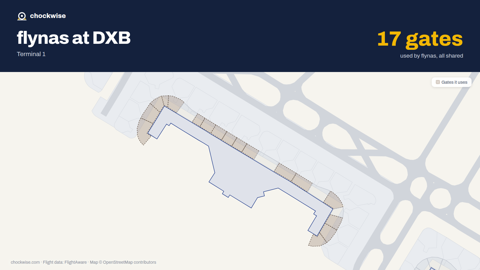 Map of DXB with the gates flynas uses highlighted: D1, D2, D3, D4, D5, D7, D8, D9 and 9 more.