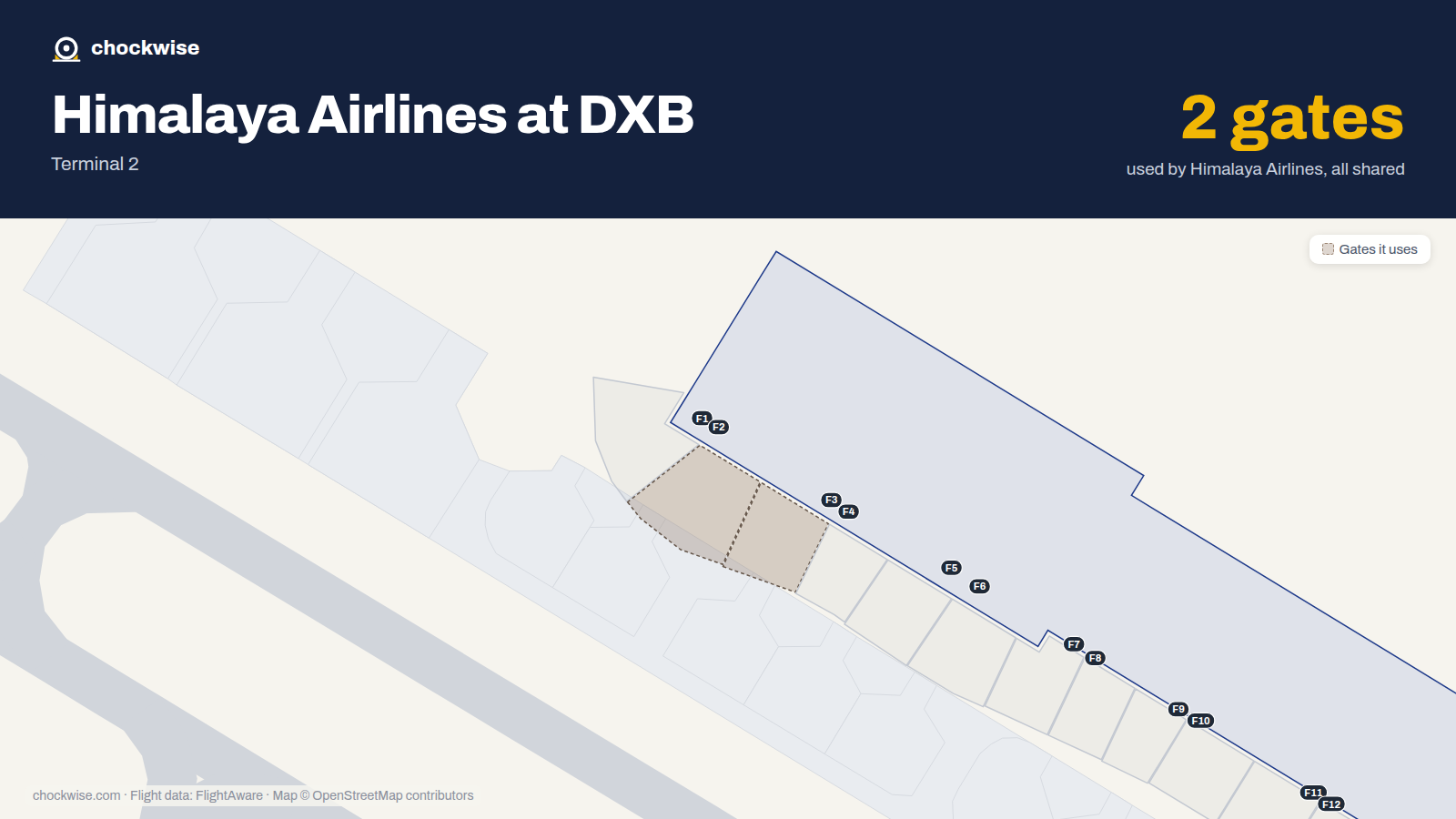 Map of DXB with the gates Himalaya Airlines uses highlighted: F2 and F3.