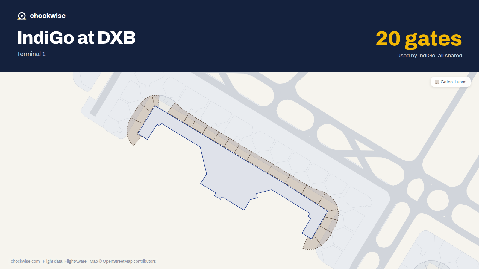 Map of DXB with the gates IndiGo uses highlighted: D1, D2, D3, D4, D6, D7, D8, D9 and 12 more.