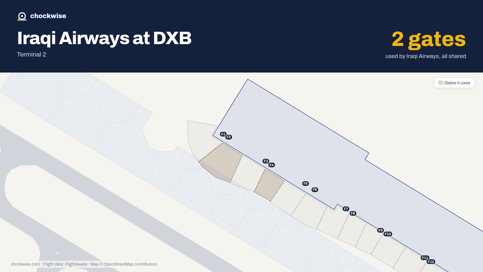 Map of DXB with the gates Iraqi Airways uses highlighted: F2 and F4.