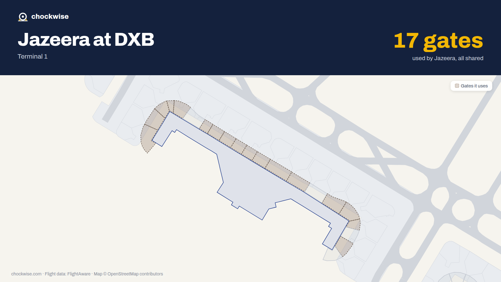 Map of DXB with the gates Jazeera Airways uses highlighted: D1, D2, D3, D4, D5, D7, D8, D9 and 9 more.