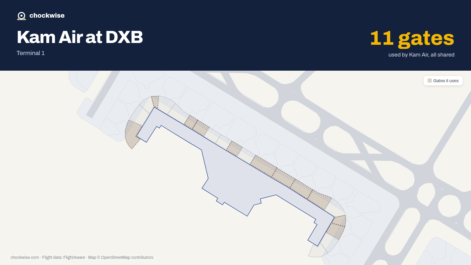 Map of DXB with the gates Kam Air uses highlighted: D1, D4, D7, D8, D11, D13, D14, D15 and 4 more.