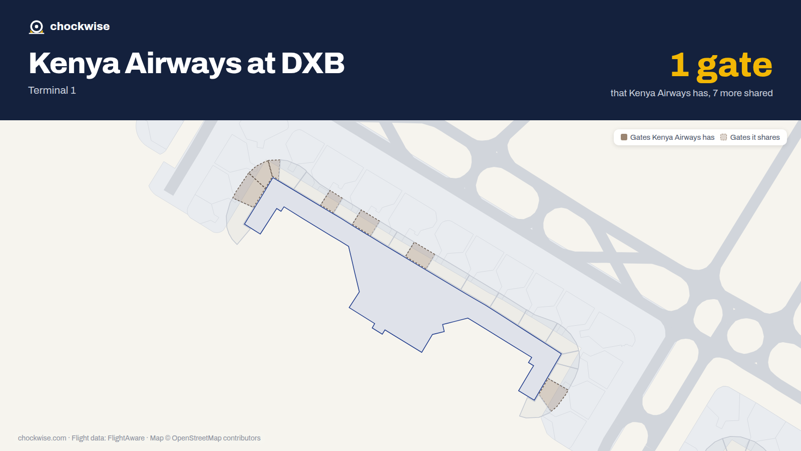 Map of DXB with the gates Kenya Airways uses highlighted: D2, D3, D4, D7, D9, D12, D20 and D25.