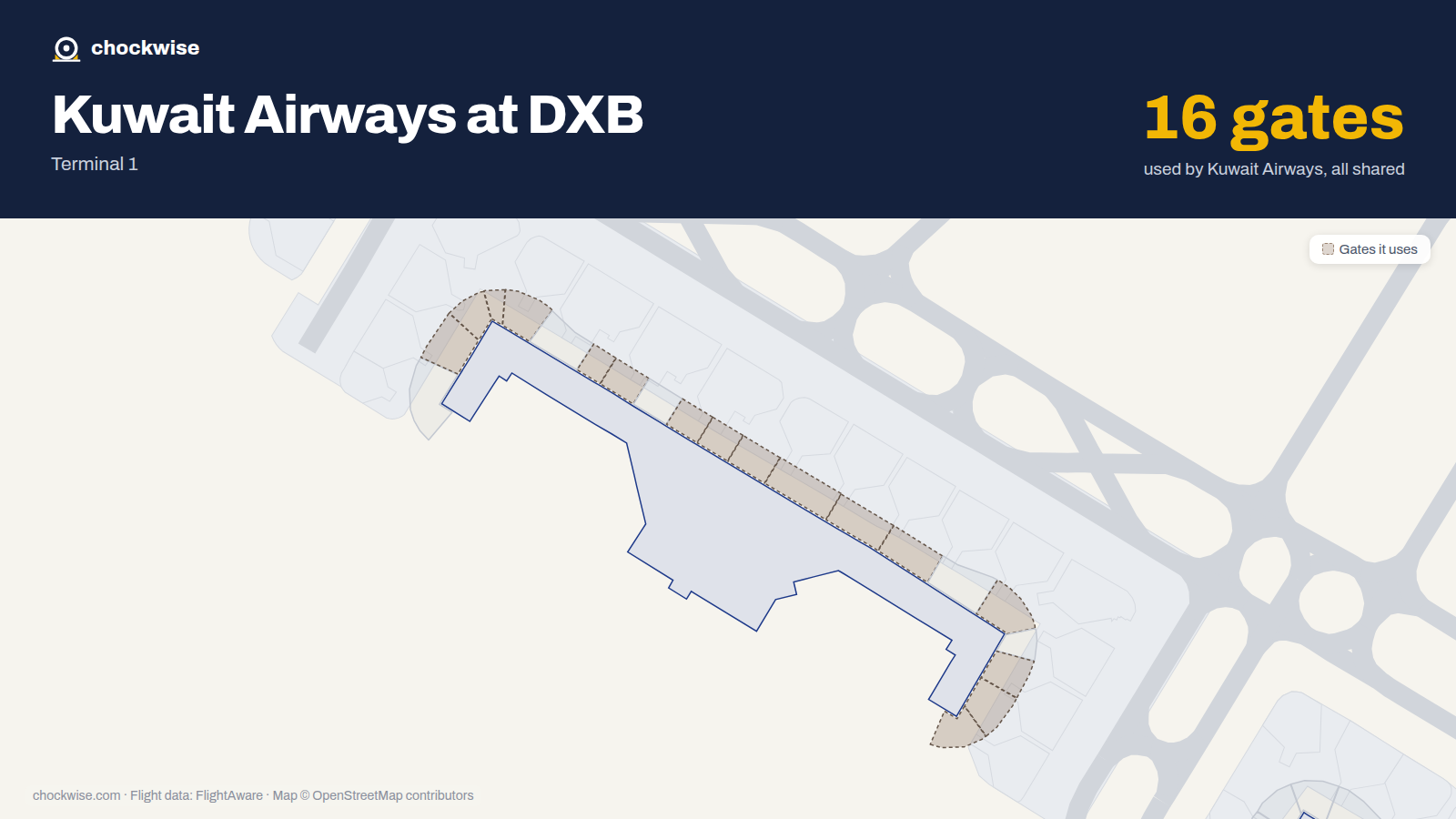 Map of DXB with the gates Kuwait Airways uses highlighted: D2, D3, D4, D5, D7, D8, D10, D11 and 8 more.