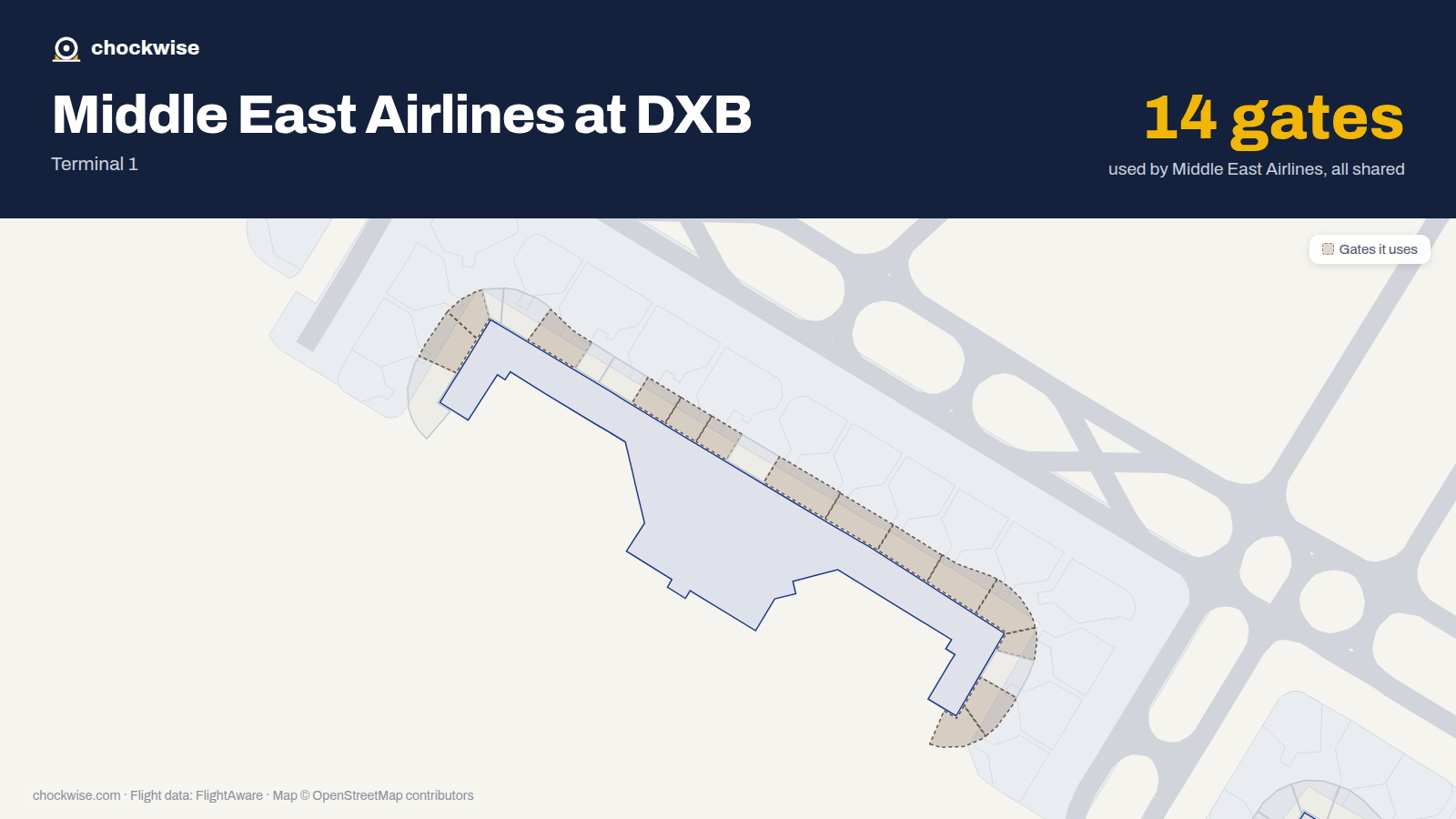 Map of DXB with the gates Middle East Airlines uses highlighted: D2, D3, D6, D9, D10, D11, D13, D14 and 6 more.
