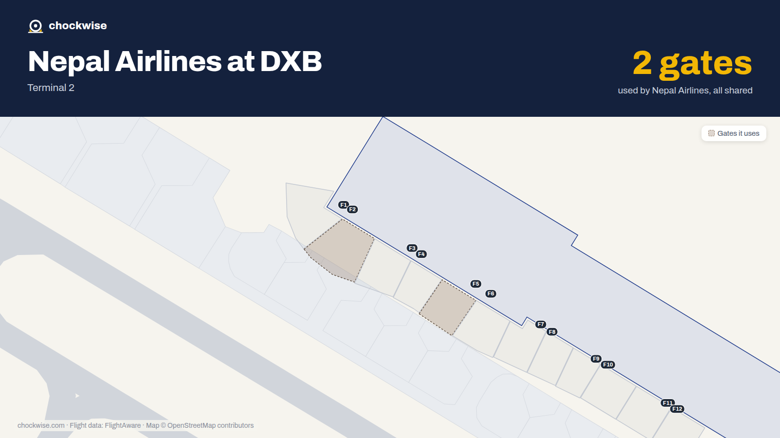 Map of DXB with the gates Nepal Airlines uses highlighted: F2 and F5.