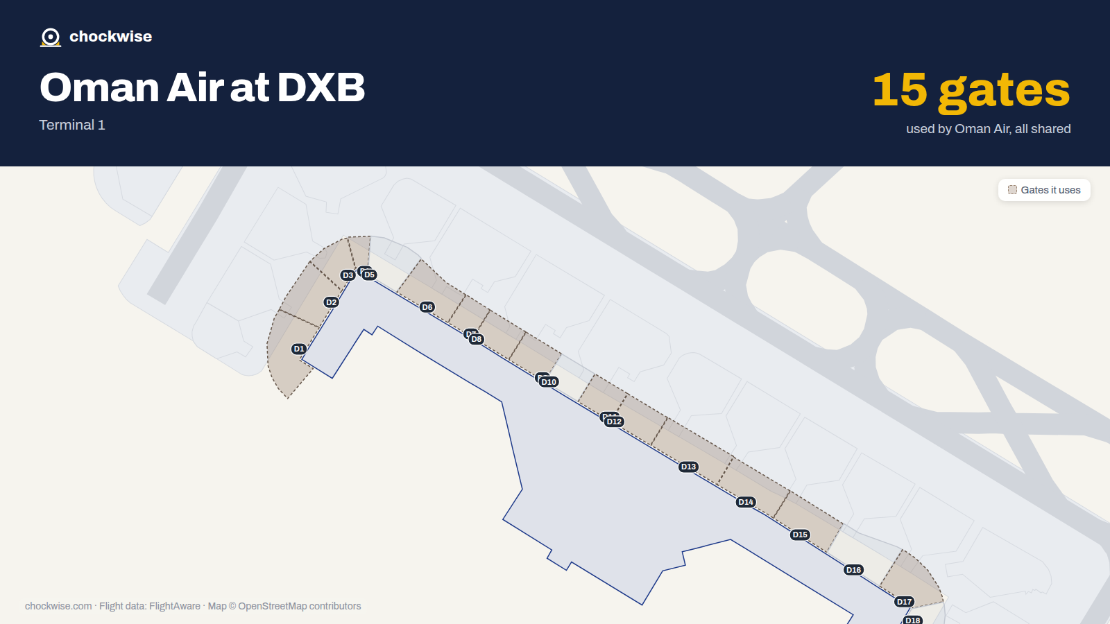 Map of DXB with the gates Oman Air uses highlighted: D1, D2, D3, D4, D6, D7, D8, D9 and 7 more.