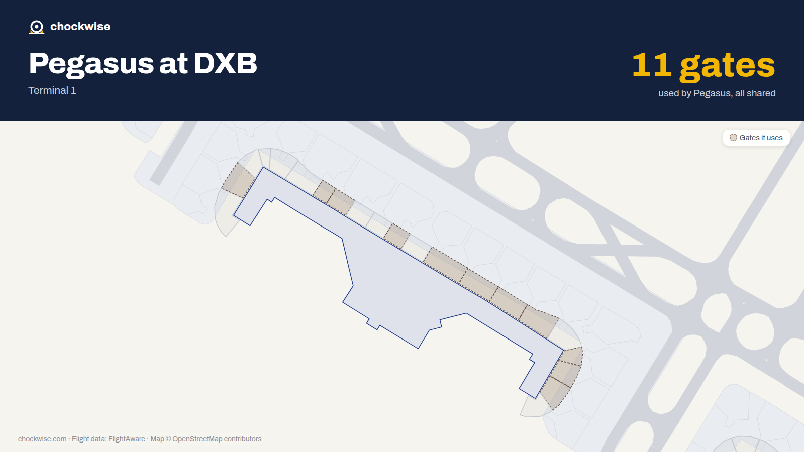 Map of DXB with the gates Pegasus Airlines uses highlighted: D2, D7, D8, D11, D13, D14, D15, D16 and 3 more.