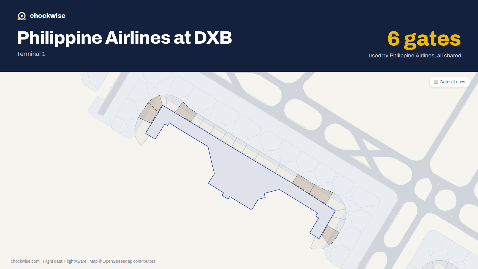 Map of DXB with the gates Philippine Airlines uses highlighted: D2, D3, D6, D15, D16 and D20.