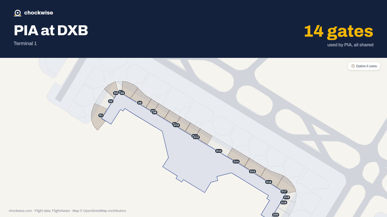 Map of DXB with the gates Pakistan International Airlines uses highlighted: D1, D3, D5, D6, D7, D8, D9, D10 and 6 more.