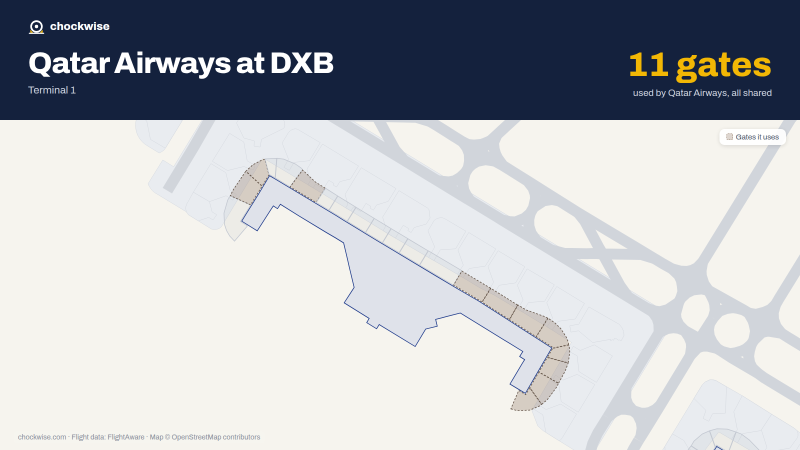 Map of DXB with the gates Qatar Airways uses highlighted: D2, D3, D6, D14, D15, D16, D17, D18 and 3 more.