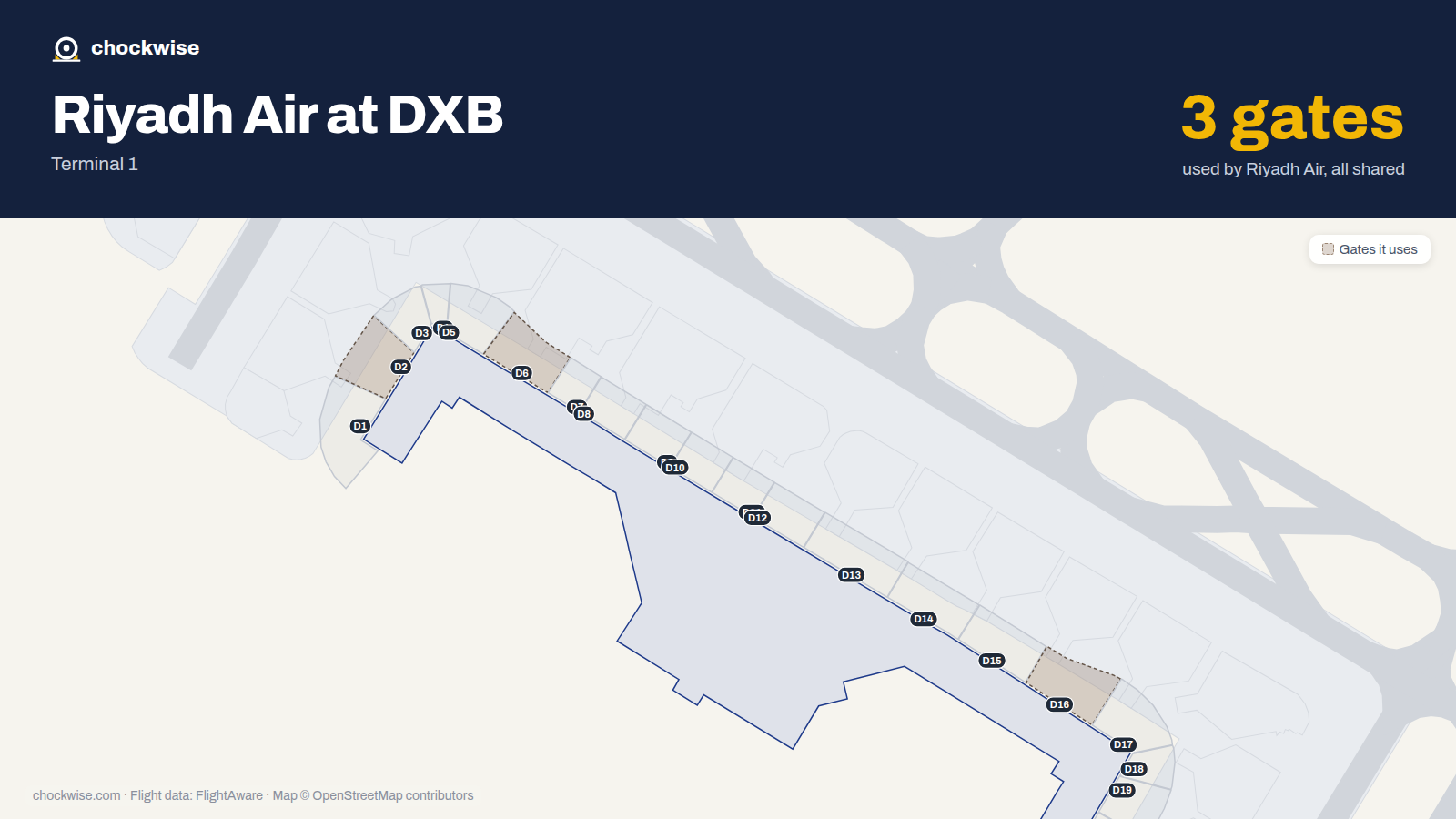 Map of DXB with the gates Riyadh Air uses highlighted: D2, D6 and D16.