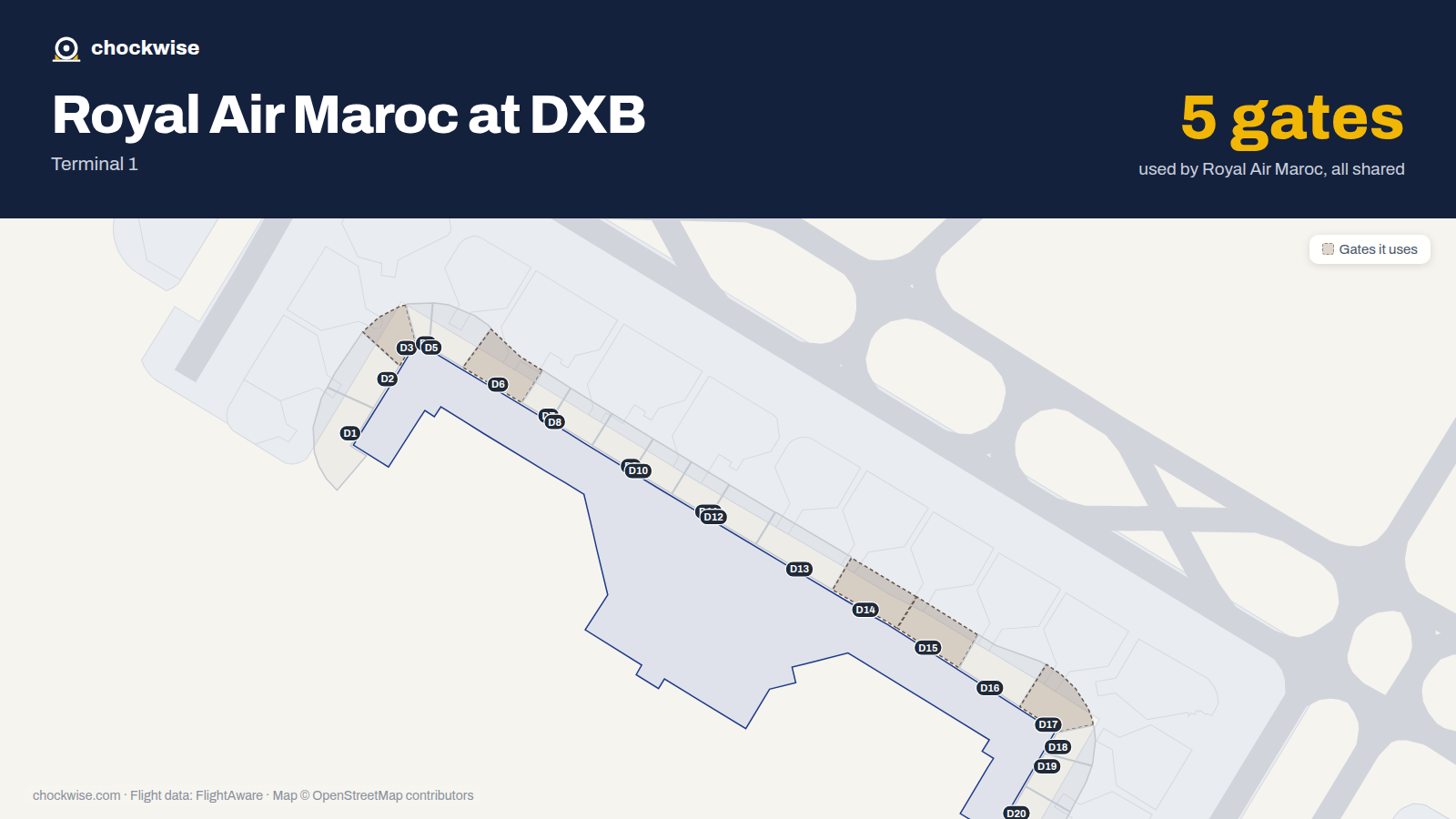 Map of DXB with the gates Royal Air Maroc uses highlighted: D3, D6, D14, D15 and D17.