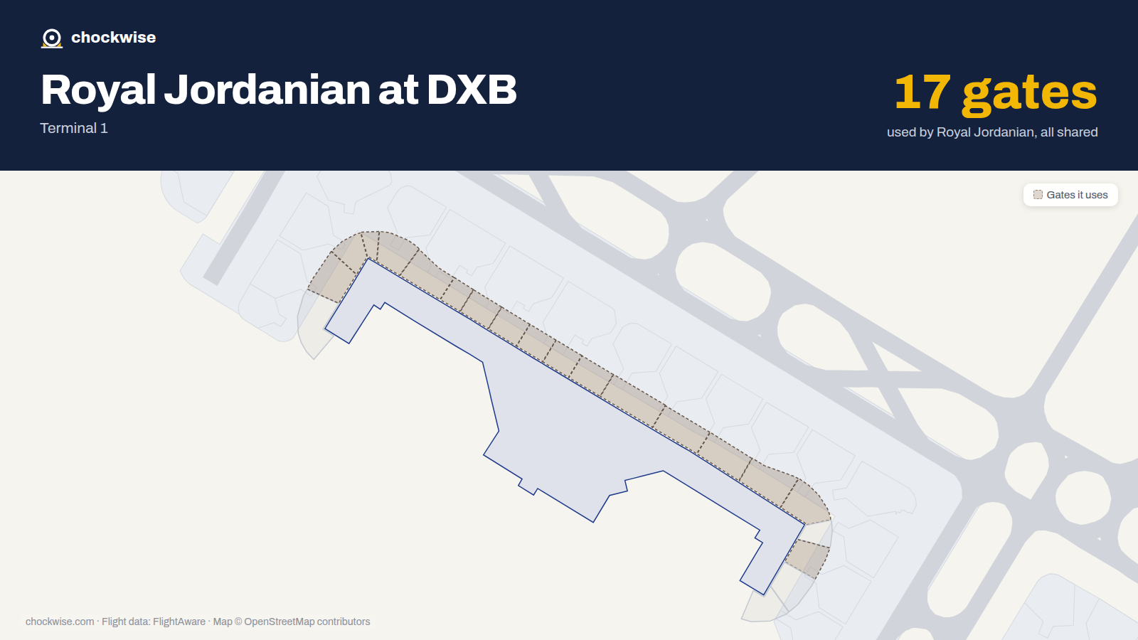 Map of DXB with the gates Royal Jordanian uses highlighted: D2, D3, D4, D5, D6, D7, D8, D9 and 9 more.