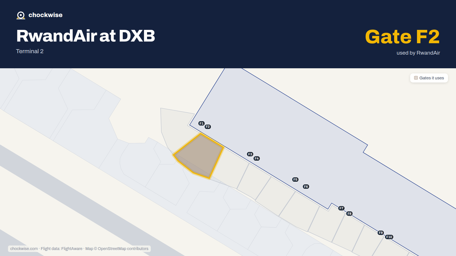 Map of DXB with the gates RwandAir uses highlighted: F2.