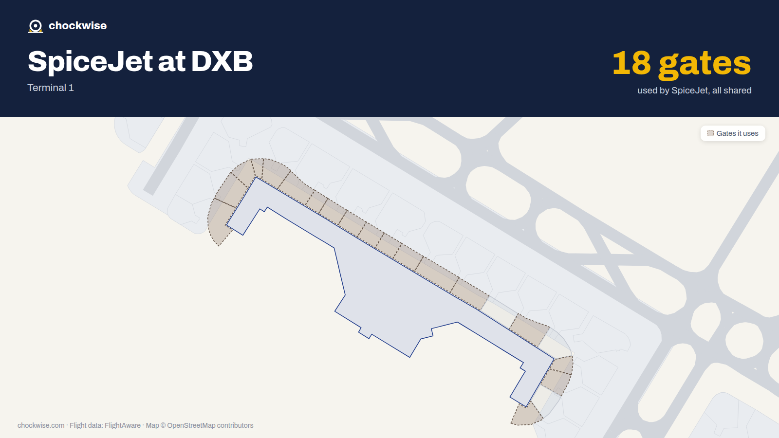 Map of DXB with the gates SpiceJet uses highlighted: D1, D2, D3, D4, D5, D6, D7, D8 and 10 more.