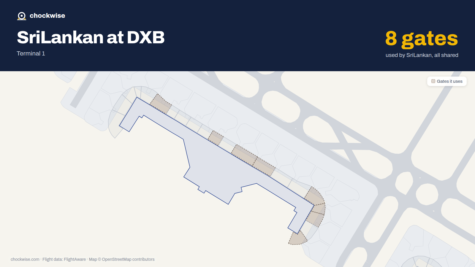 Map of DXB with the gates SriLankan Airlines uses highlighted: D6, D11, D13, D14, D17, D18, D19 and D21.