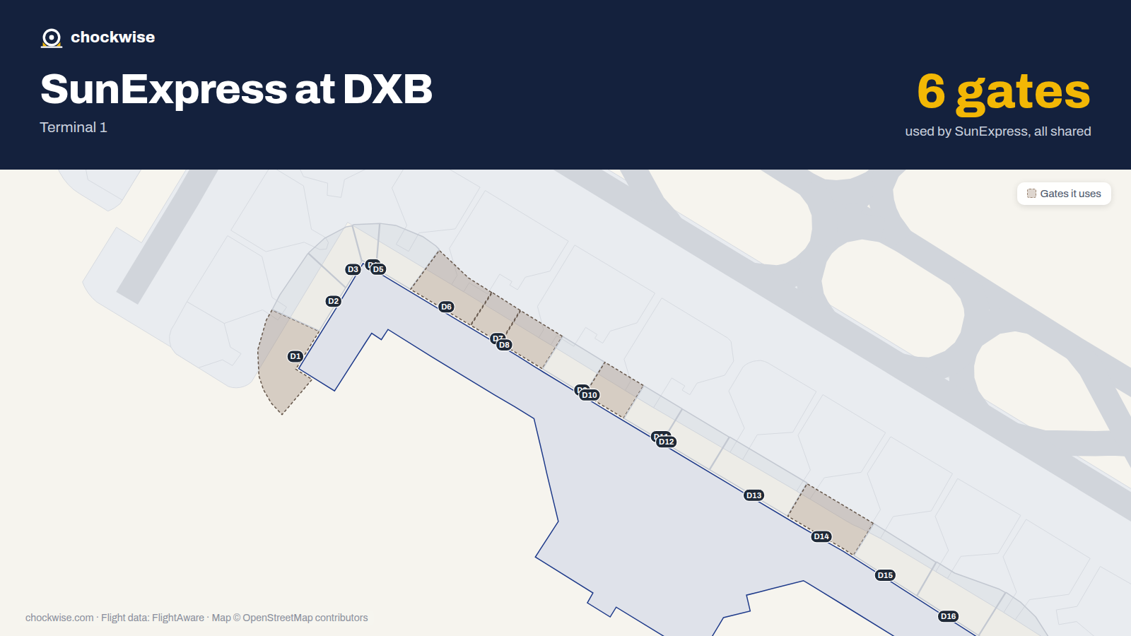 Map of DXB with the gates SunExpress uses highlighted: D1, D6, D7, D8, D10 and D14.