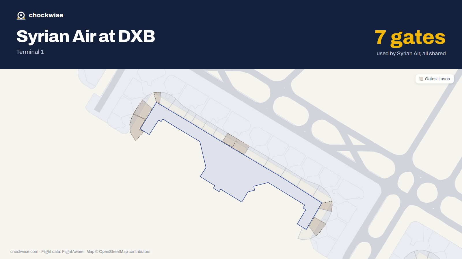 Map of DXB with the gates Syrian Arab Airlines (Syrian Air) uses highlighted: D1, D2, D4, D11, D12, D18 and D20.