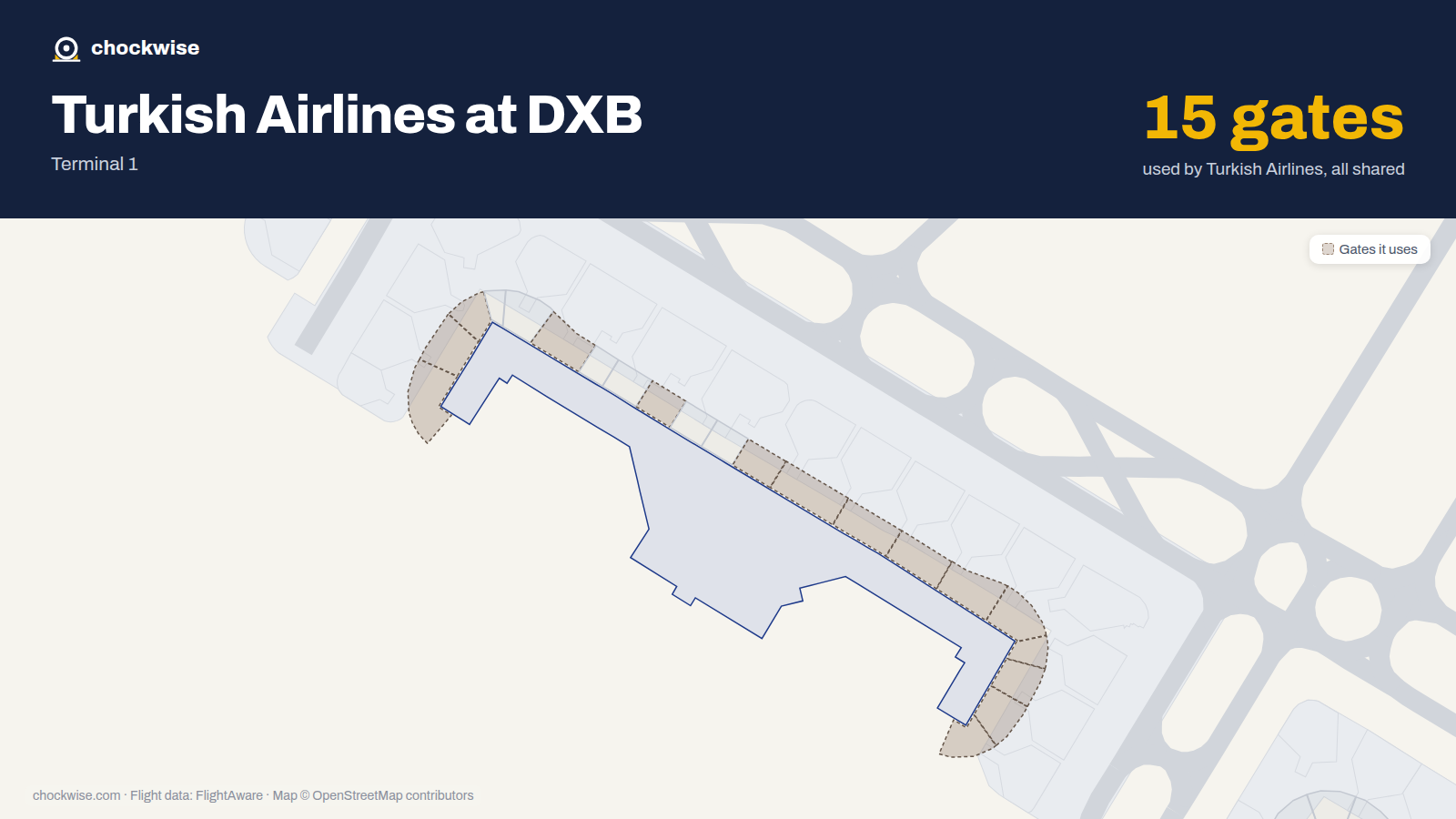 Map of DXB with the gates Turkish Airlines uses highlighted: D1, D2, D3, D6, D9, D12, D13, D14 and 7 more.