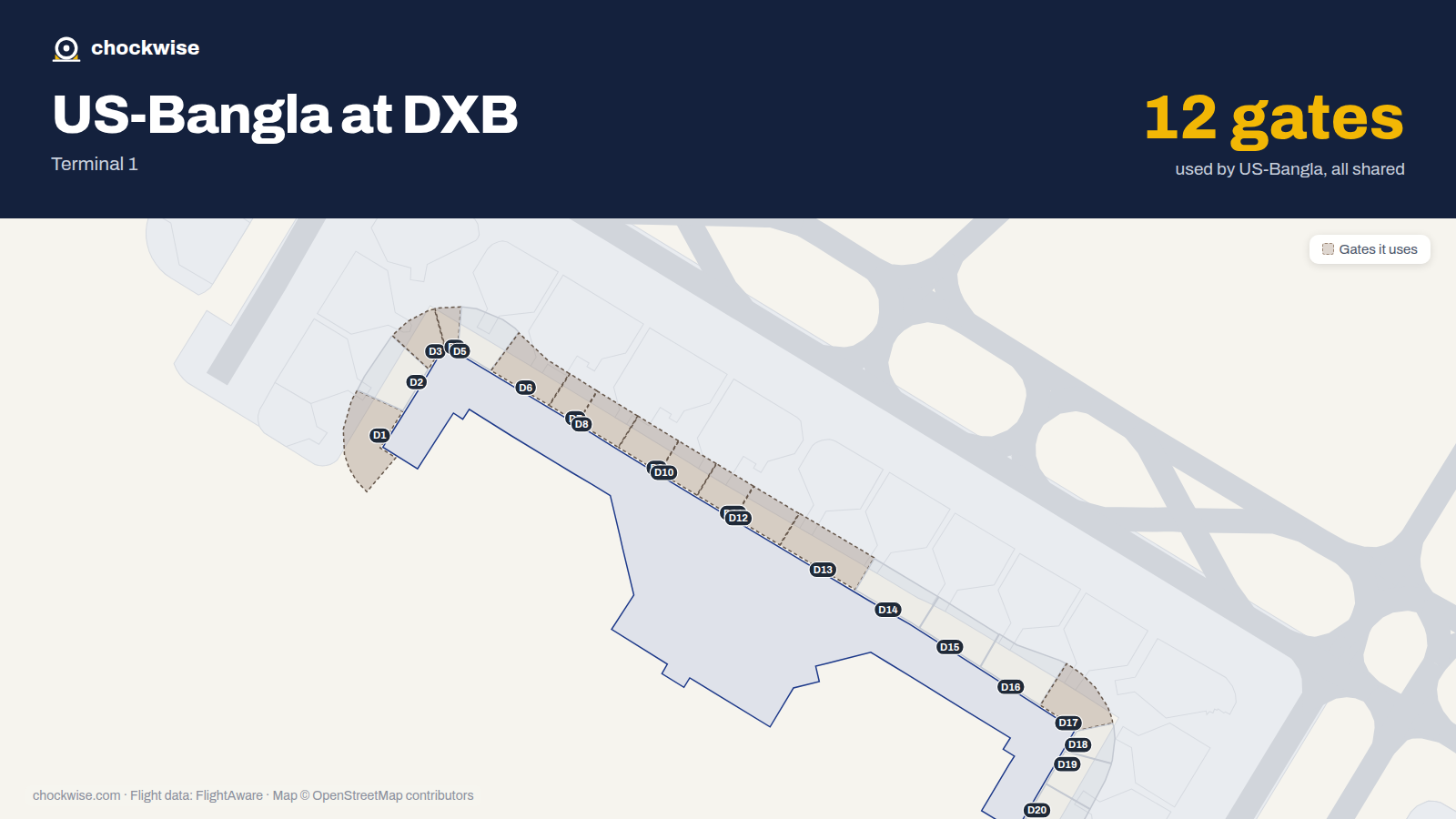 Map of DXB with the gates US-Bangla Airlines uses highlighted: D1, D3, D4, D6, D7, D8, D9, D10 and 4 more.